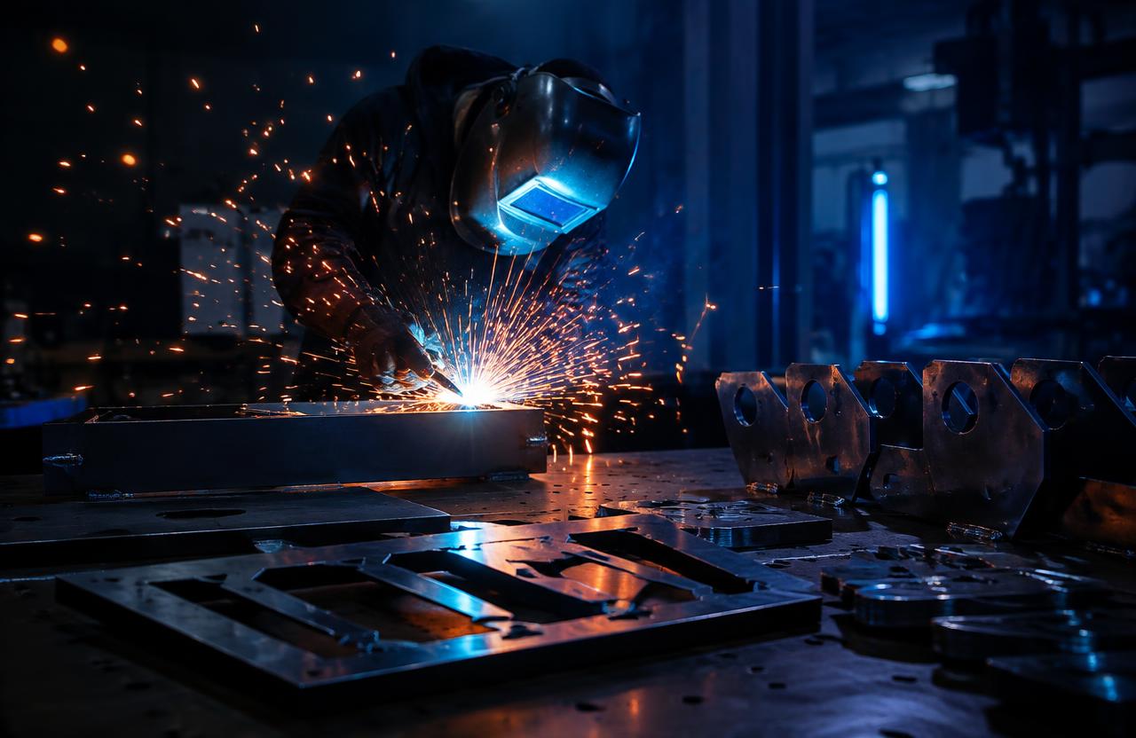 Welder working on a steel frame with sparks in a fabrication shop